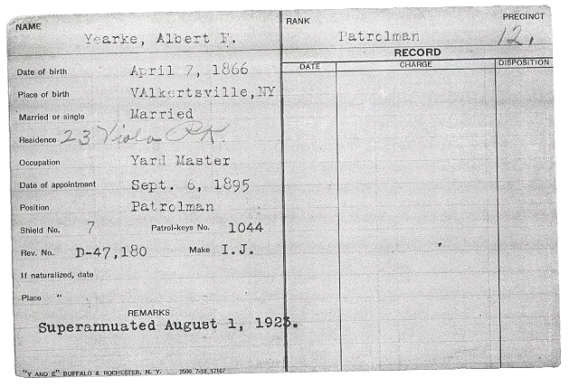 Albert F. Yearke's Buffalo Police Employment Card.